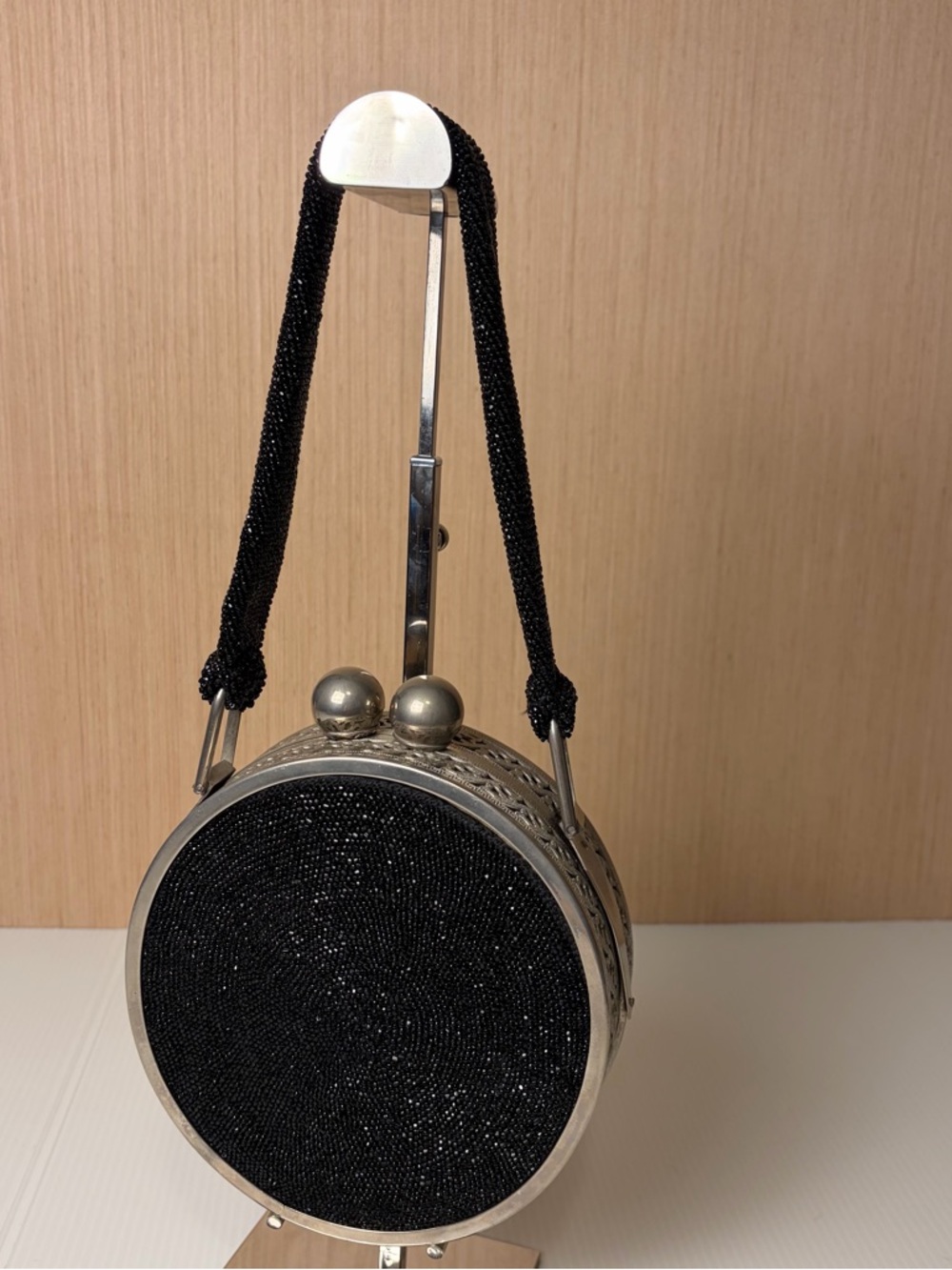 Vintage Black Beaded Minaudiere Evening Bag w/ Matching Pill Box